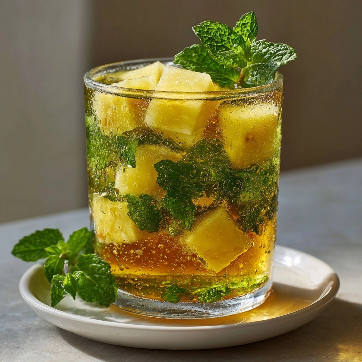 Refreshing Pineapple Mint Iced Green Tea recipe: chilled, vibrant, and garnished with fresh mint.