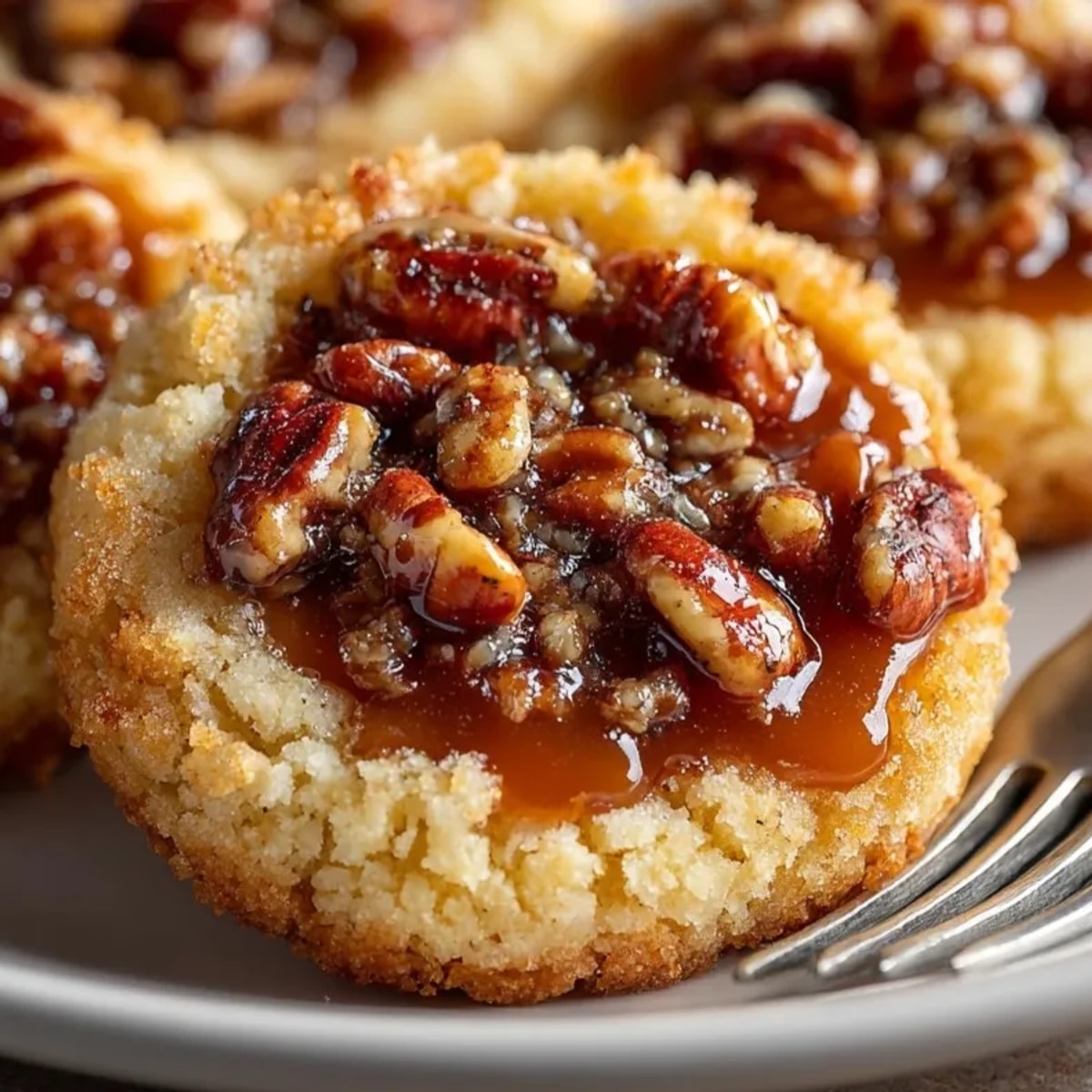 Golden Caramel Pecan Thumbprint Cookies: buttery shortbread with gooey caramel and crunchy pecans.