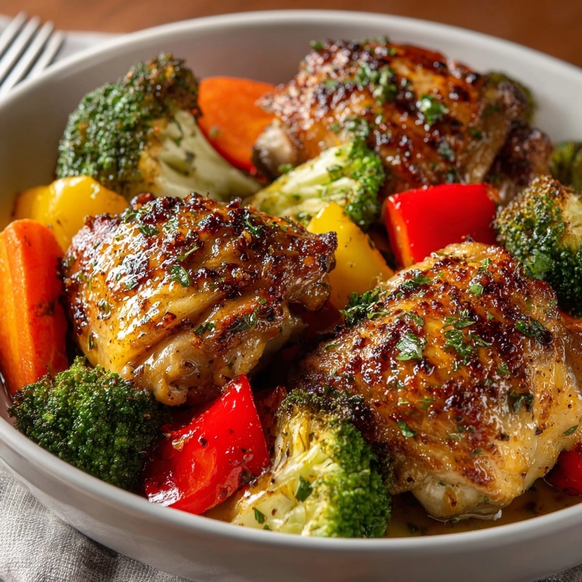 Golden Sheet Pan Honey Garlic Chicken & Vegetables, glazed and ready for family dinner.