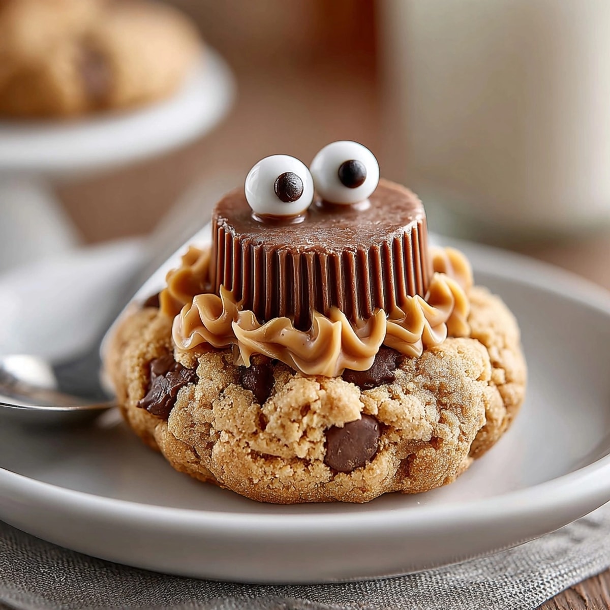 Close-up of delightful Peanut Butter Spider Cookies showcasing melted chocolate legs & candy eyes