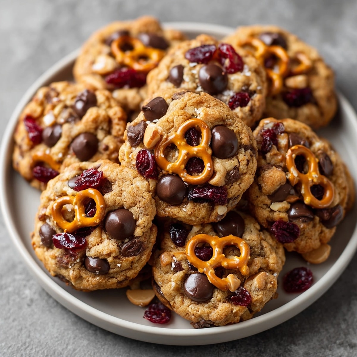 Warm, soft Trail Mix Cookies with Pretzels & Chocolate: a homemade treat with sweet and savory flavor.