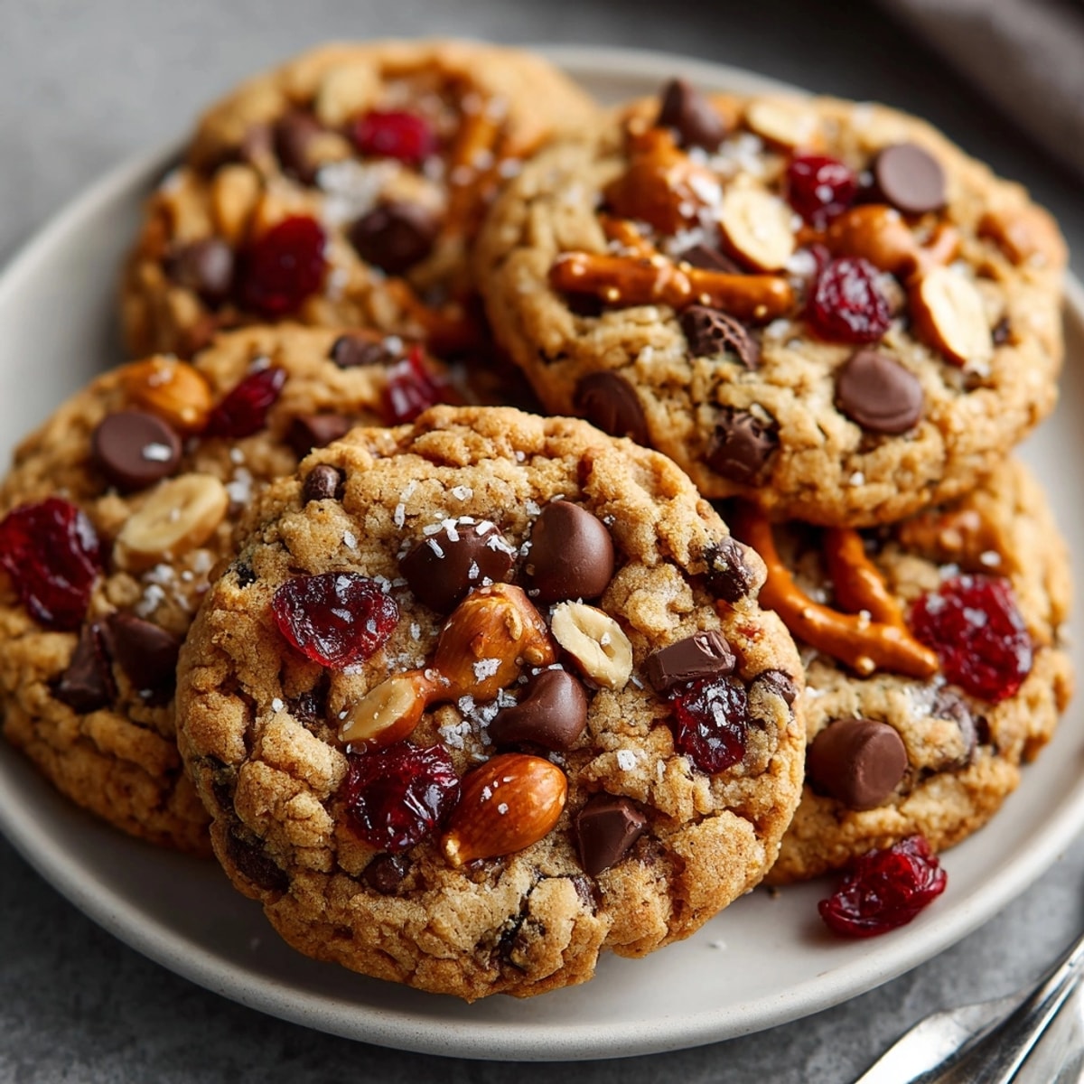 Close-up of chewy, textured Trail Mix Cookies with Pretzels & Chocolate, fresh from the oven.