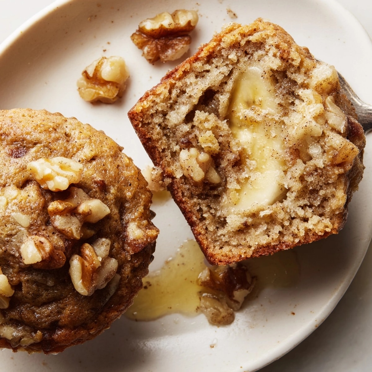 Golden Banana Nut Muffins fresh from the oven, studded with crunchy walnuts.