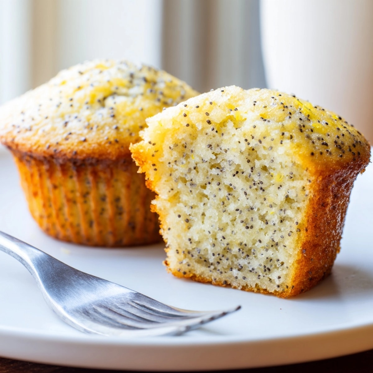 Golden Lemon Poppy Seed Muffins glistens, fresh from the oven, bursting with citrusy goodness.