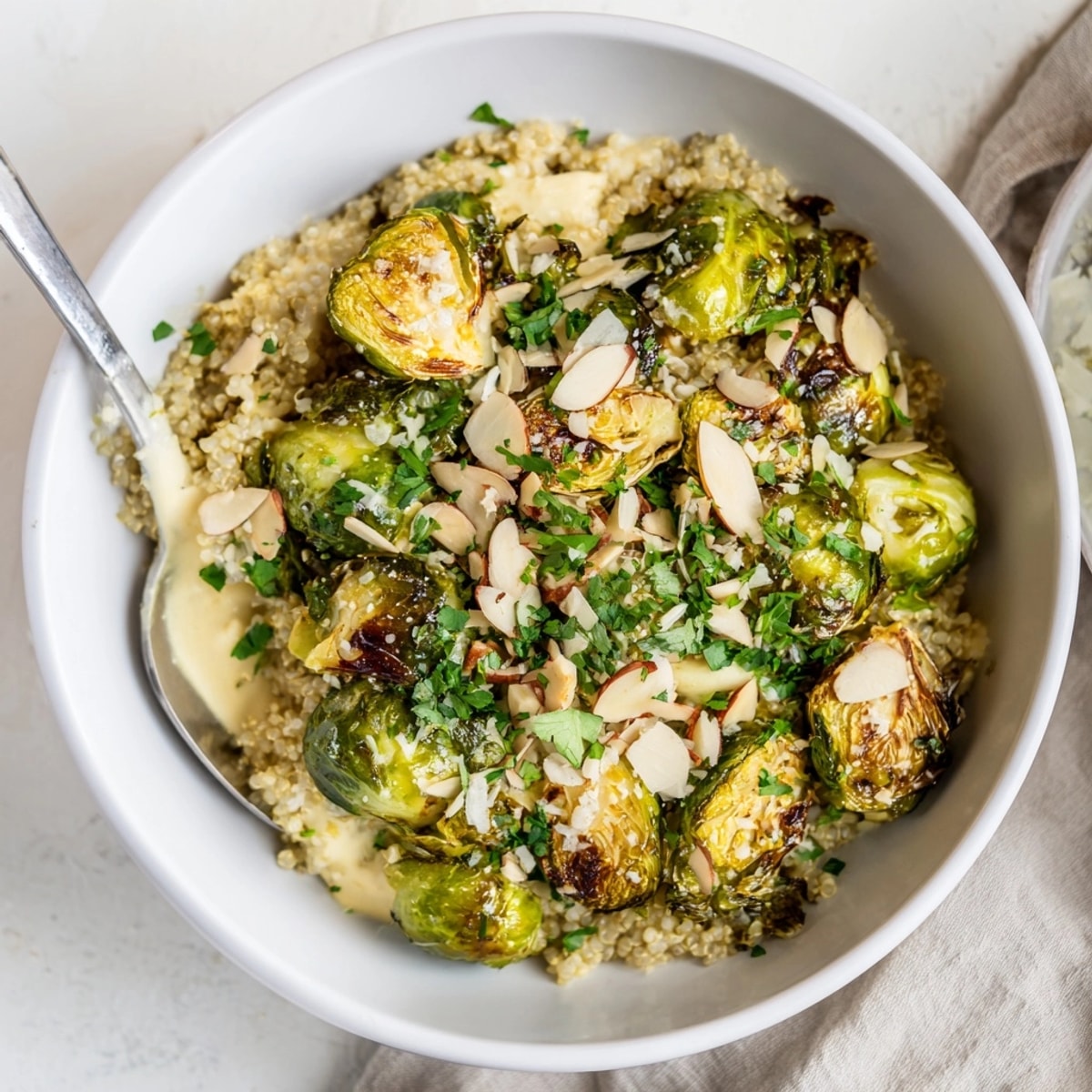 Creamy Alfredo Roasted Brussels Sprouts Bowl: golden sprouts covered in rich Parmesan sauce.
