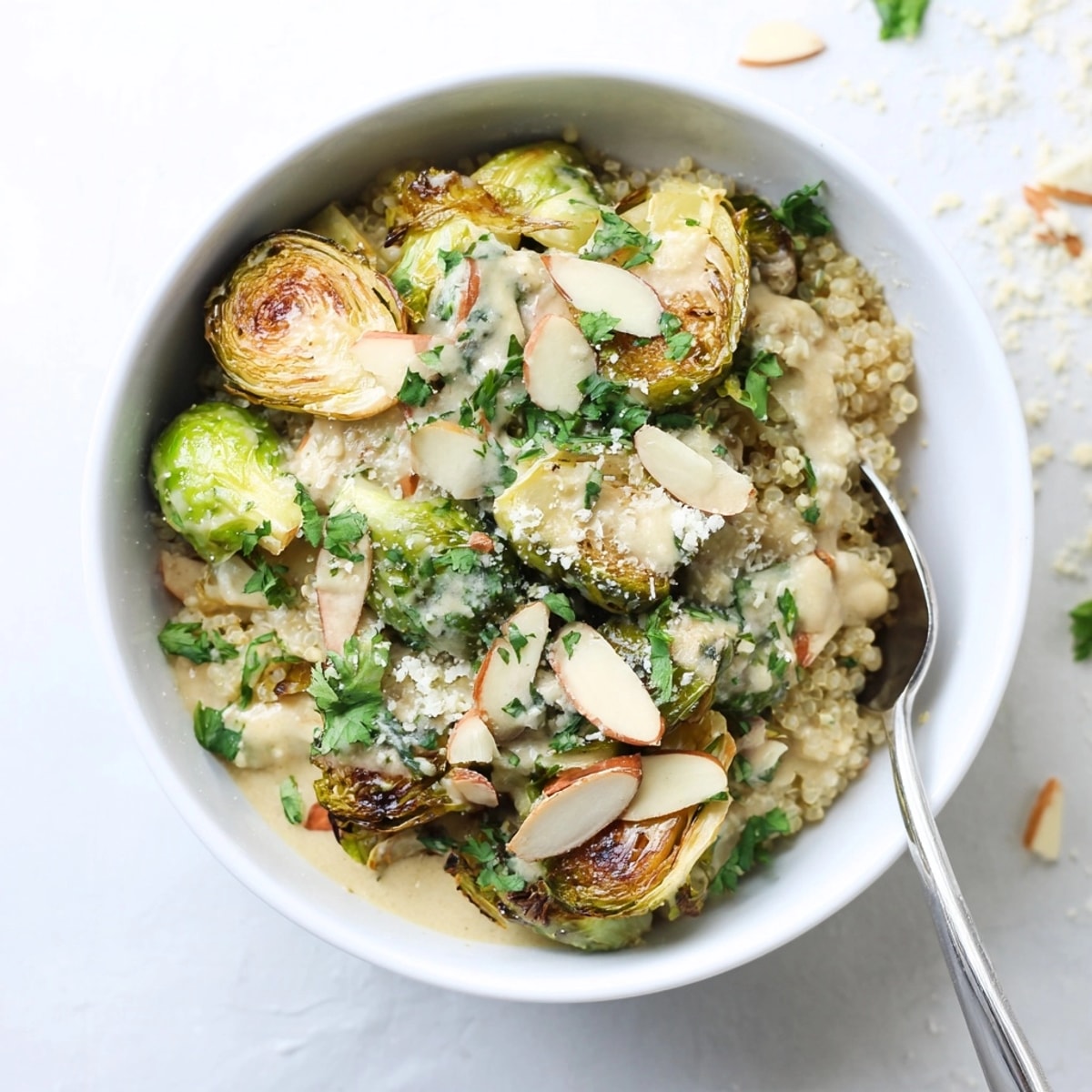 Homemade Alfredo Roasted Brussels Sprouts Bowl, a simple, flavorful vegetarian meal.