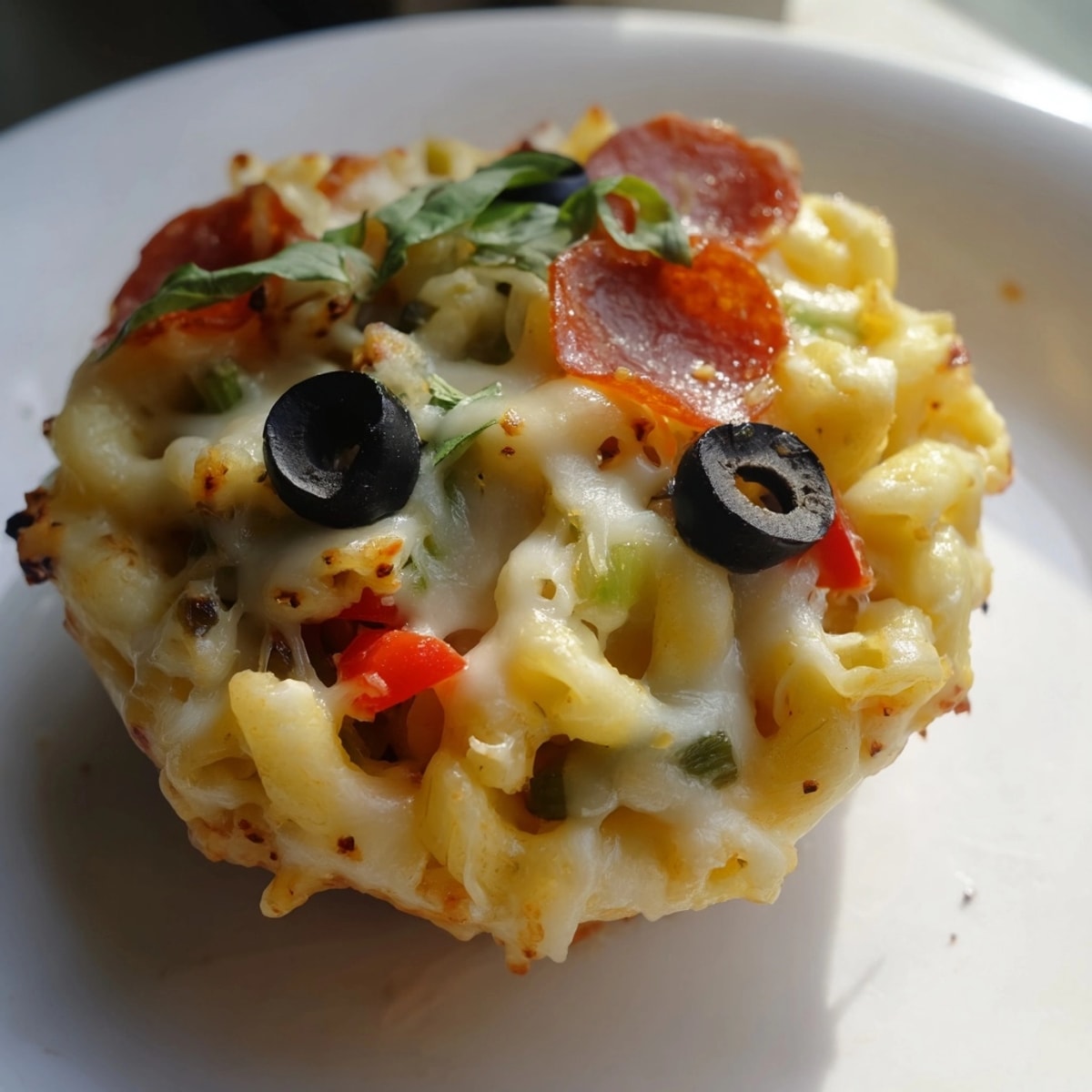 Golden, bubbly Mac and Cheese Alfredo Pizza Muffins, cheesy deliciousness coming right up.