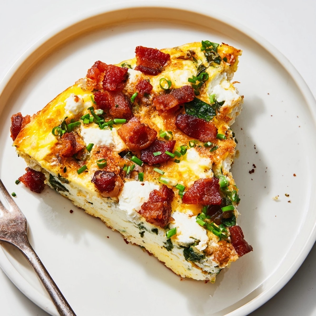 Homemade Ricotta Herb Bacon Frittata—a savory, fluffy baked egg dish, garnished with vibrant chives.