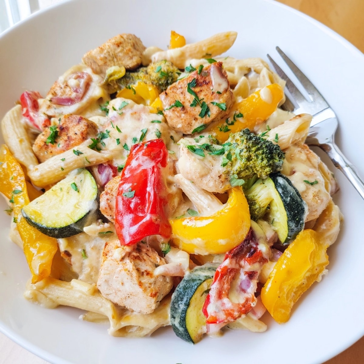 Golden brown Cajun Chicken Alfredo Veggie Bake bubbling hot, ready for a comforting dinner.