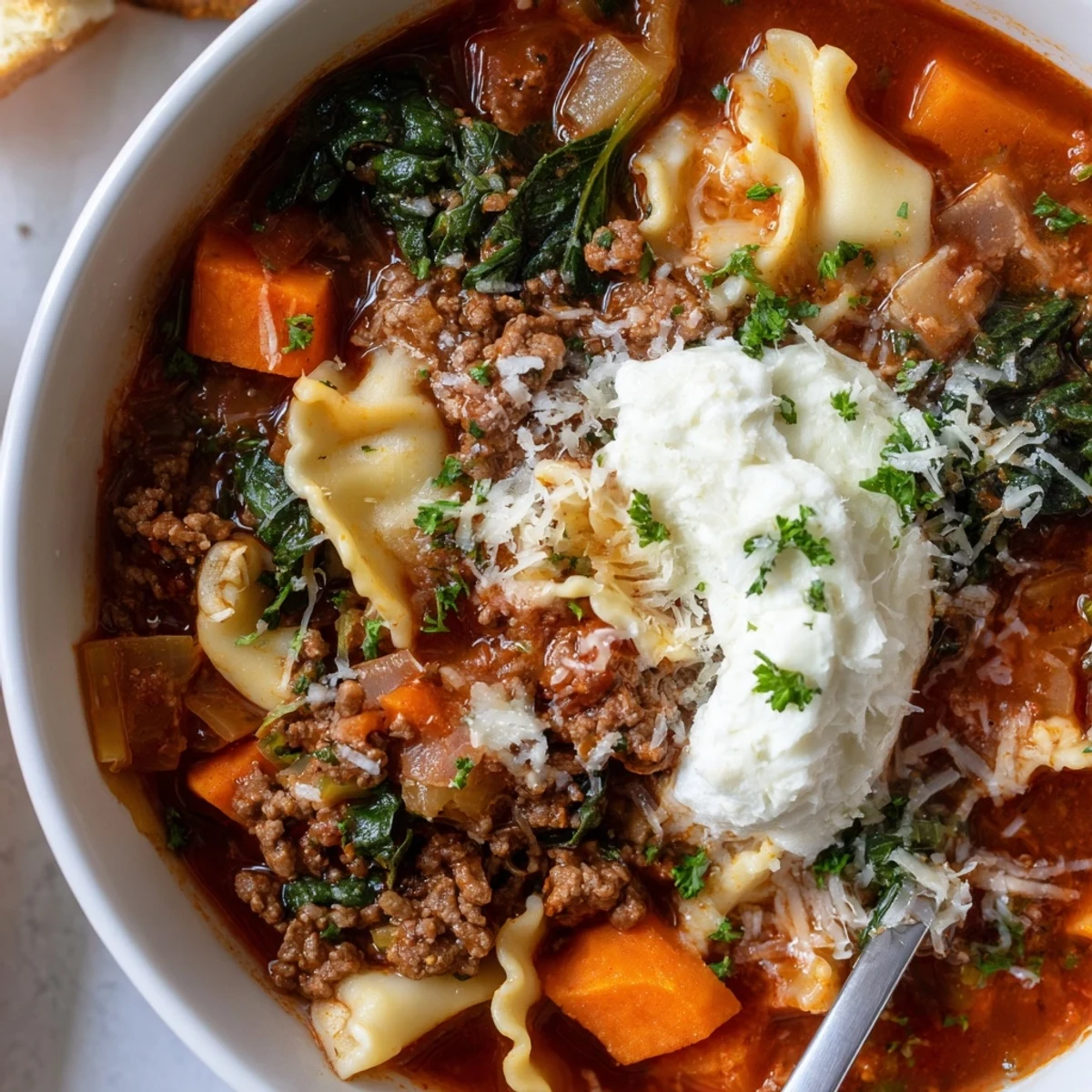 Delicious Lasagne Soup with fresh spinach, paired beautifully with sweet potato fries.