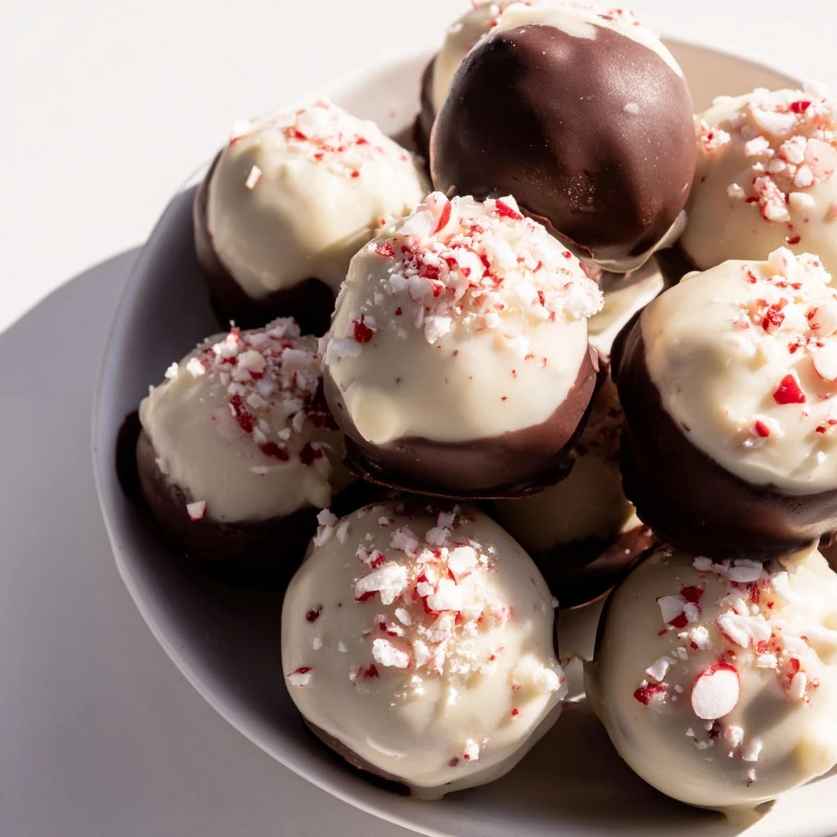 Bite-sized Charcuterie Board Peppermint Bark Balls topped with festive crushed candy canes.  
