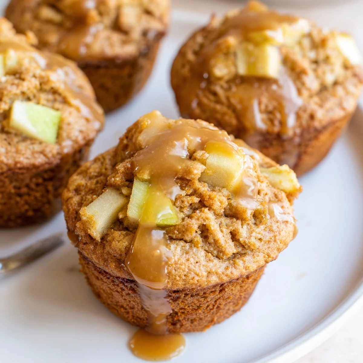Moist Caramel Apple Sourdough Muffins drizzled with warm caramel sauce for breakfast.  