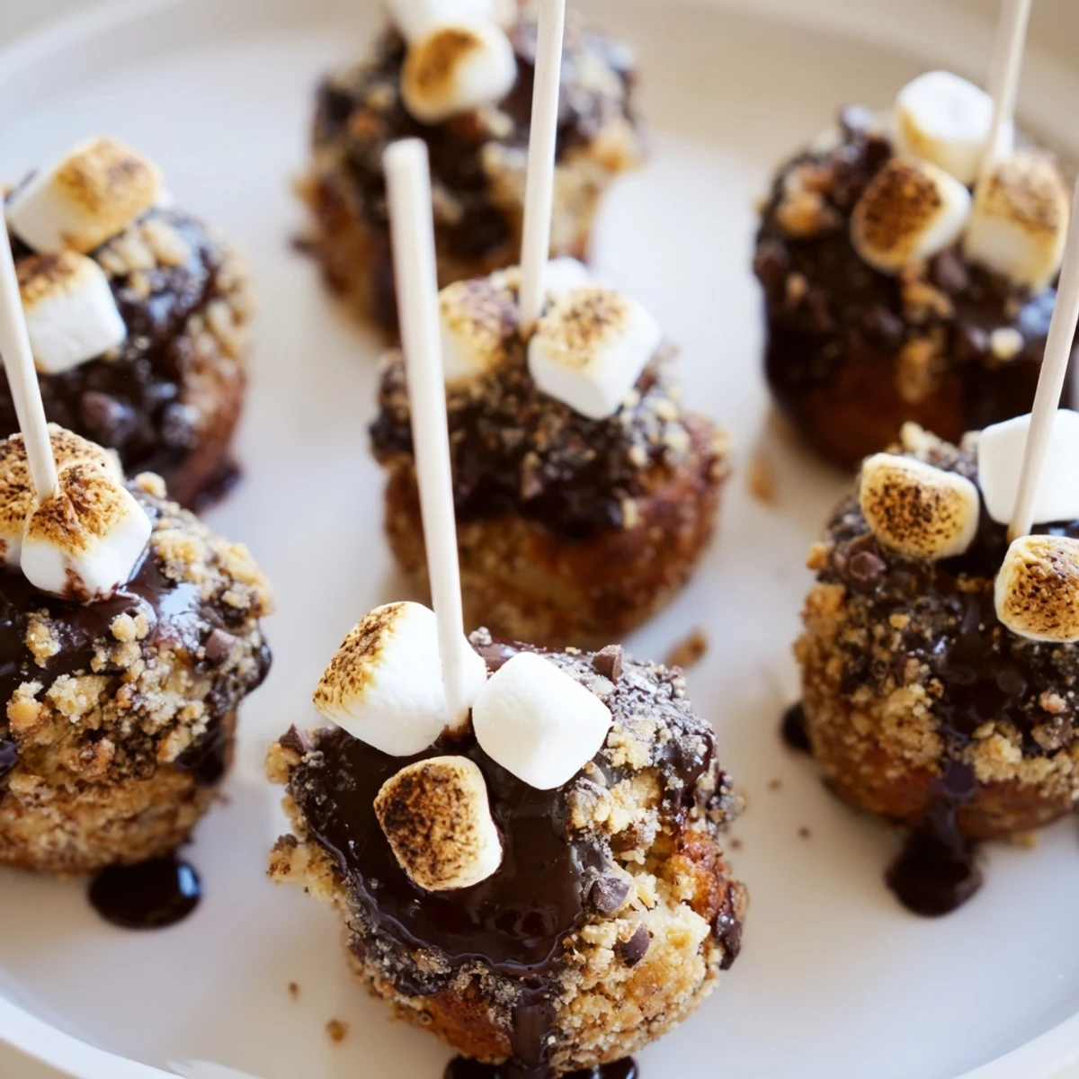 Bite-sized Smores Cinnamon Sweet Tea Muffin Pops topped with graham crackers and melted chocolate.  