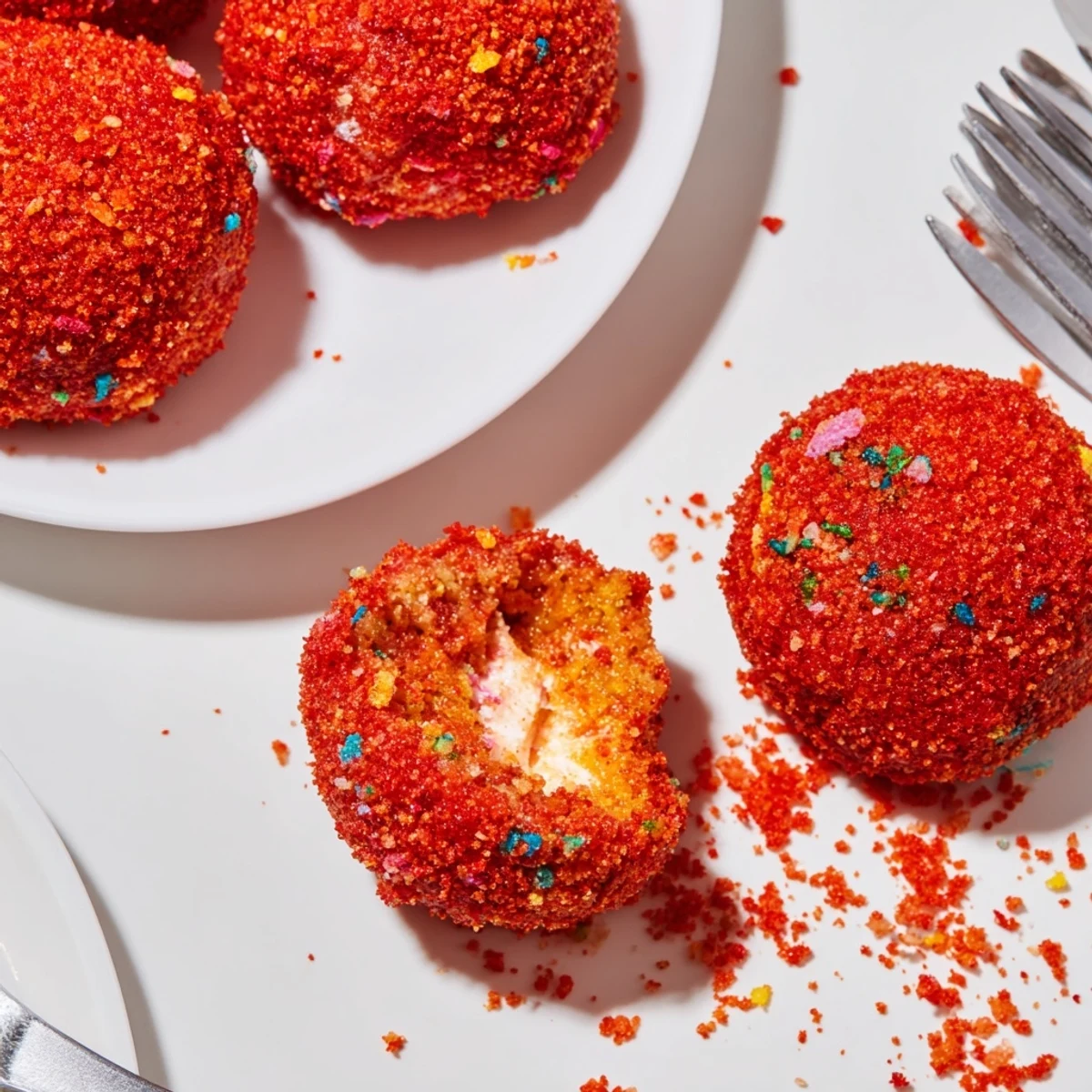 Irresistible Flamin Hot Monster Cake Pancake Balls coated in crunchy crumbs, sweet and spicy treat.