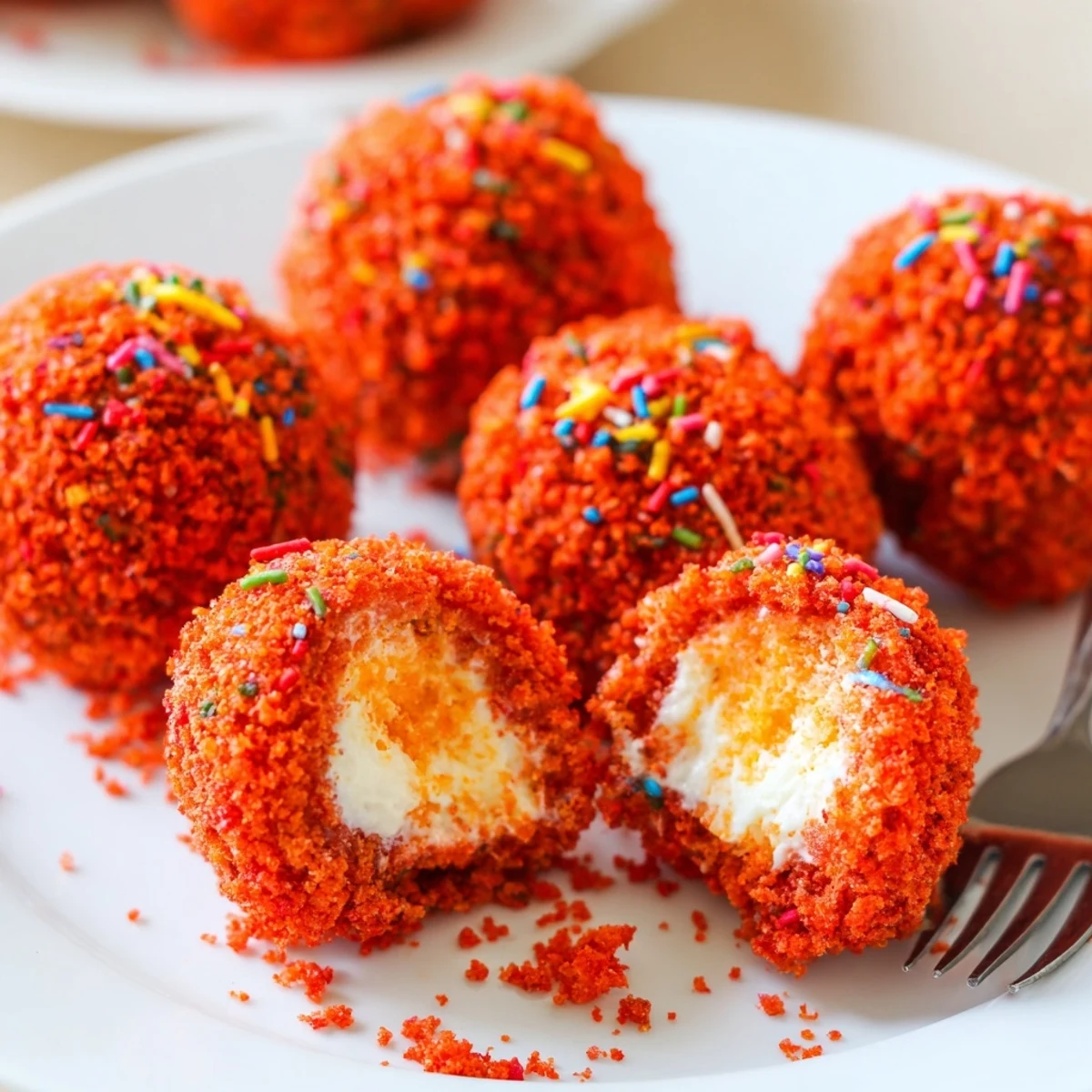 Deliciously fluffy Flamin Hot Monster Cake Pancake Balls, perfect for adventurous snack lovers.  