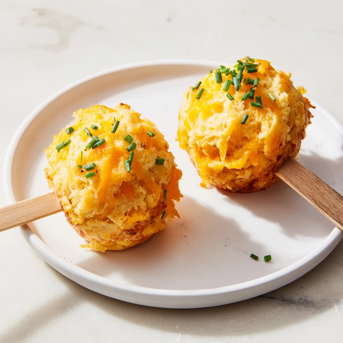 Fluffy cream soda cheddar biscuit muffin skewers on a platter, perfect for appetizers.  