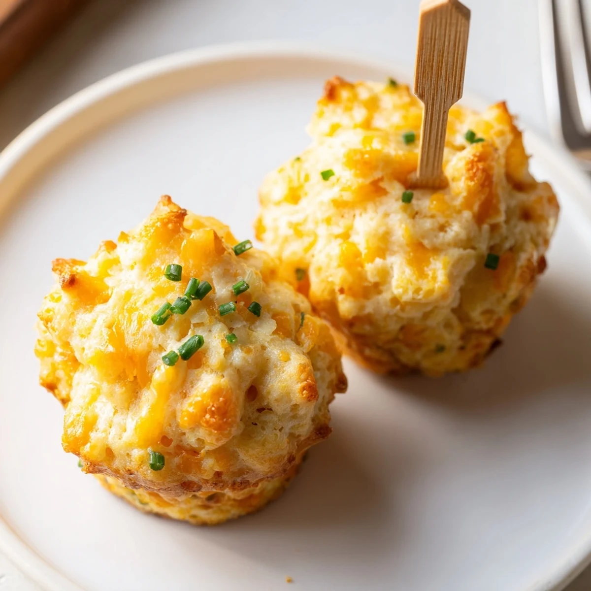 Savory-sweet cream soda cheddar biscuit muffin skewers garnished with fresh herbs.  