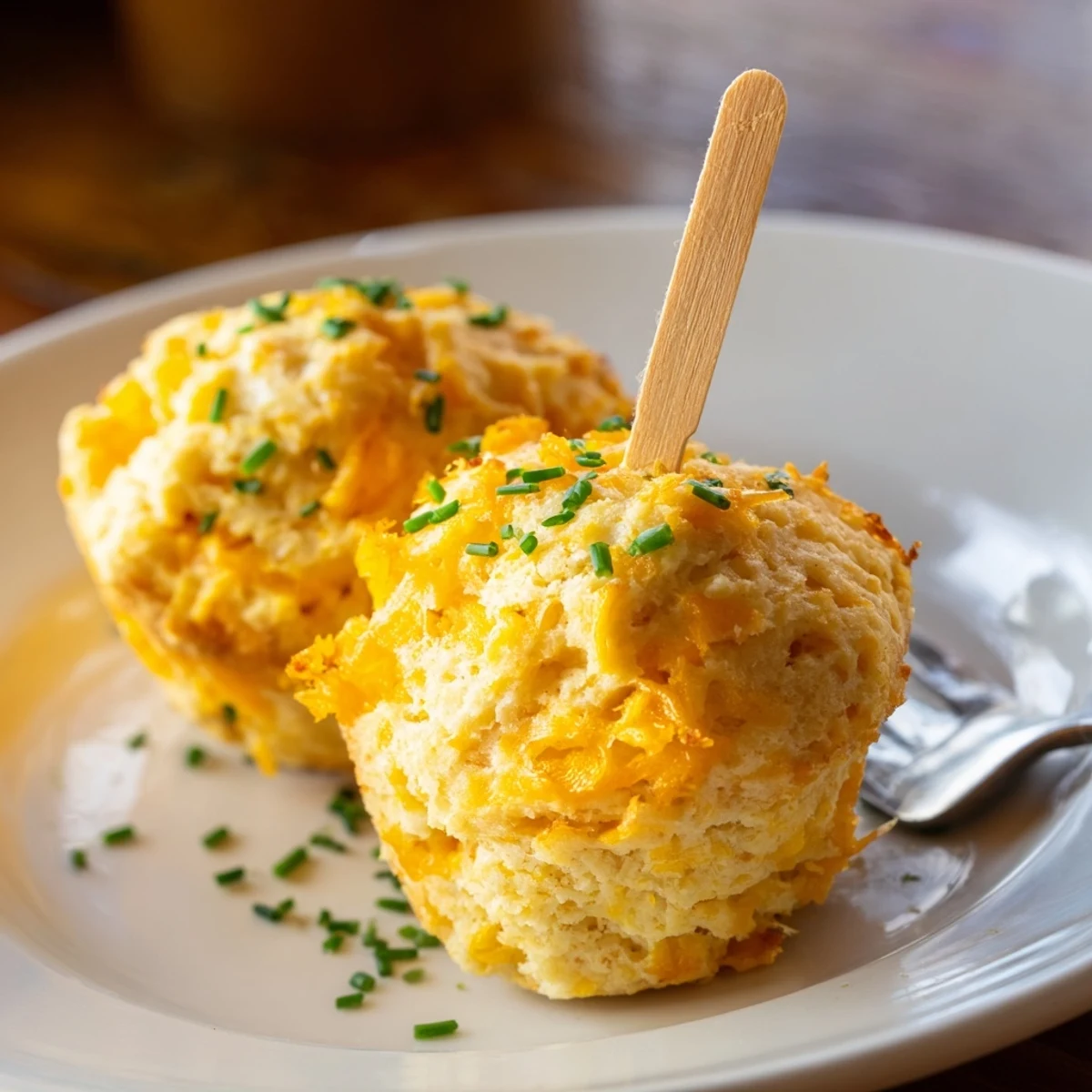 Delicious cream soda cheddar biscuit muffins served on skewers for a fun party treat.
