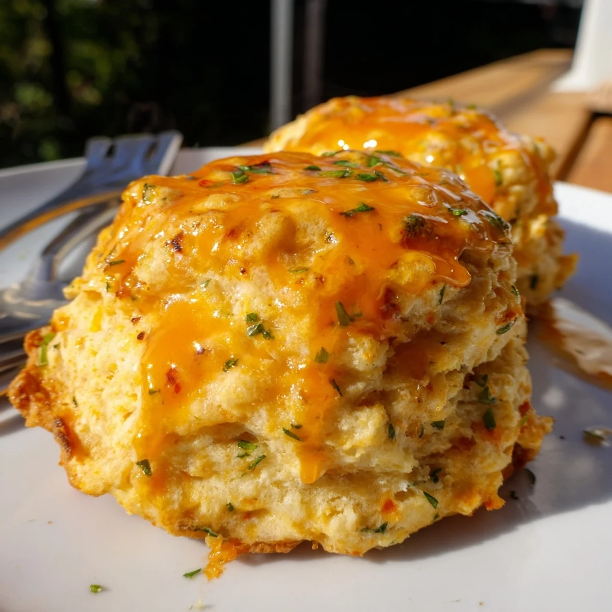 Fluffy Buffalo Ranch Chili Garlic Biscuit Scones topped with fresh herbs and spices.  