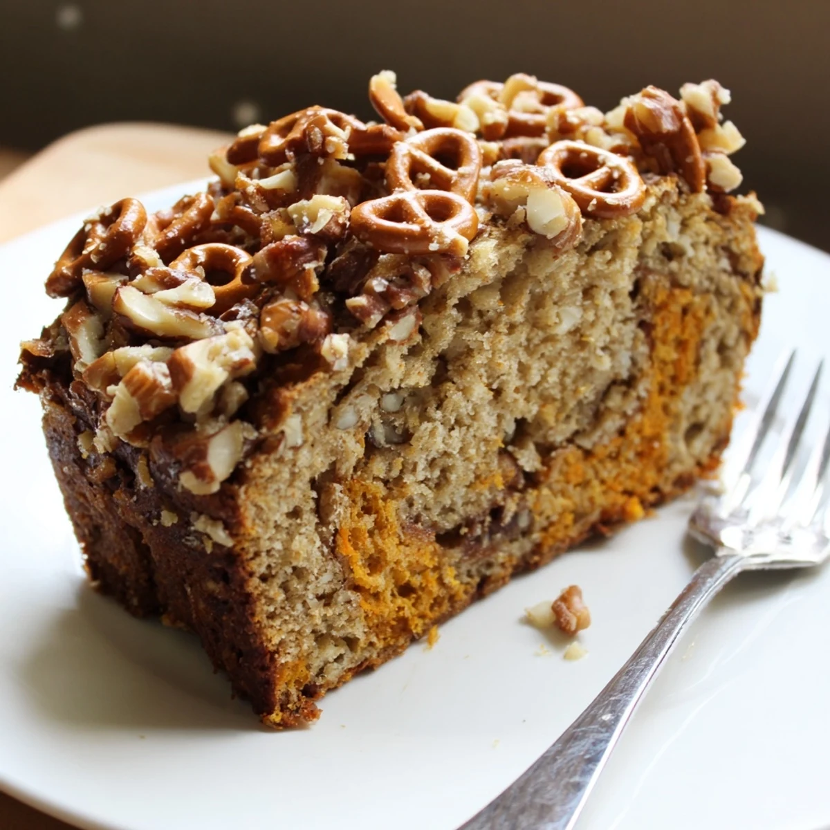 Moist Sweet Potato Cinnamon Pretzel Muffin Loaf topped with crunchy pretzels and cinnamon.  