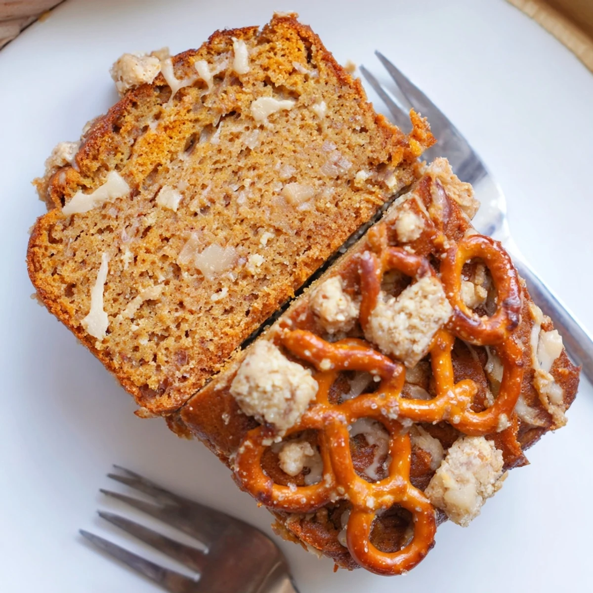 Comforting, sweet potato cinnamon pretzel muffin loaf served warm for breakfast delight.  