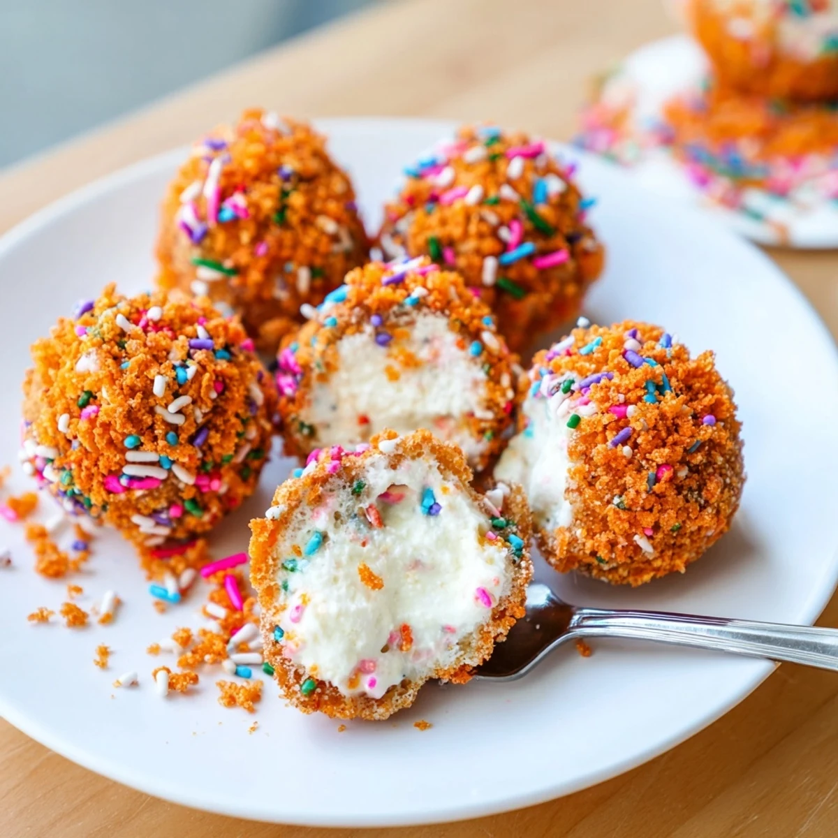 Flamin Hot Monster Cake Pancake Balls coated in spicy crumbs and colorful sprinkles.  
