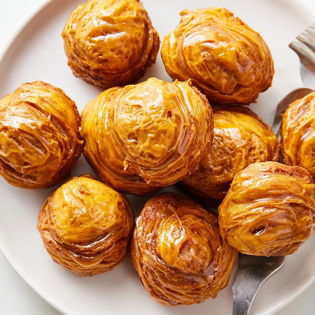 Bite-sized pumpkin muffin balls with flaky pastry and maple bourbon glaze, a sweet delight.