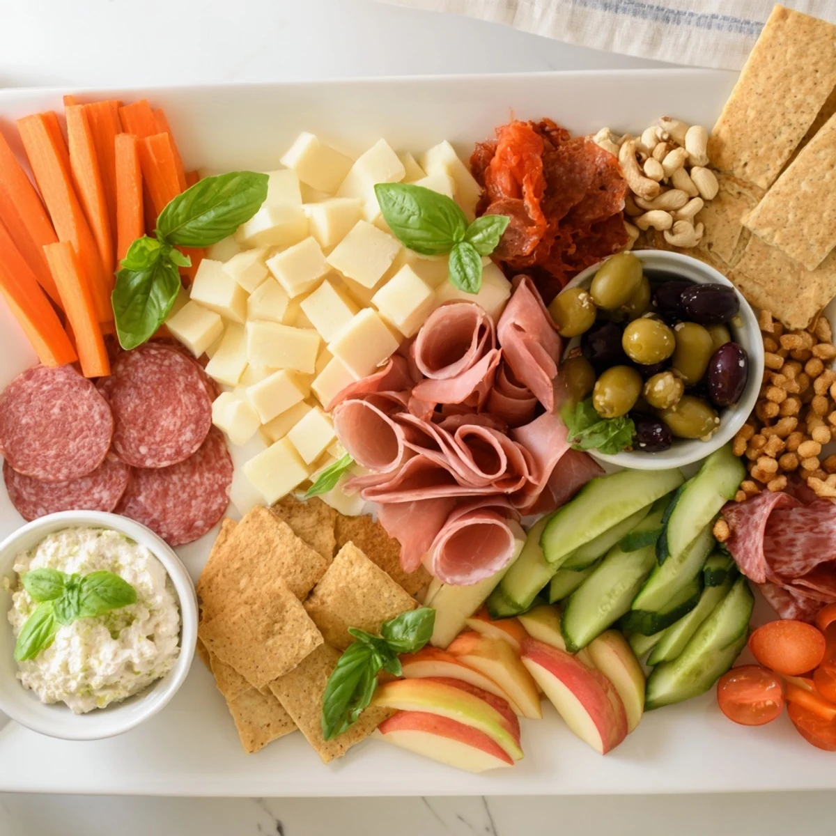 A vibrant Girl Dinner Platter showcasing assorted cheeses, fruits, and colorful dips.  