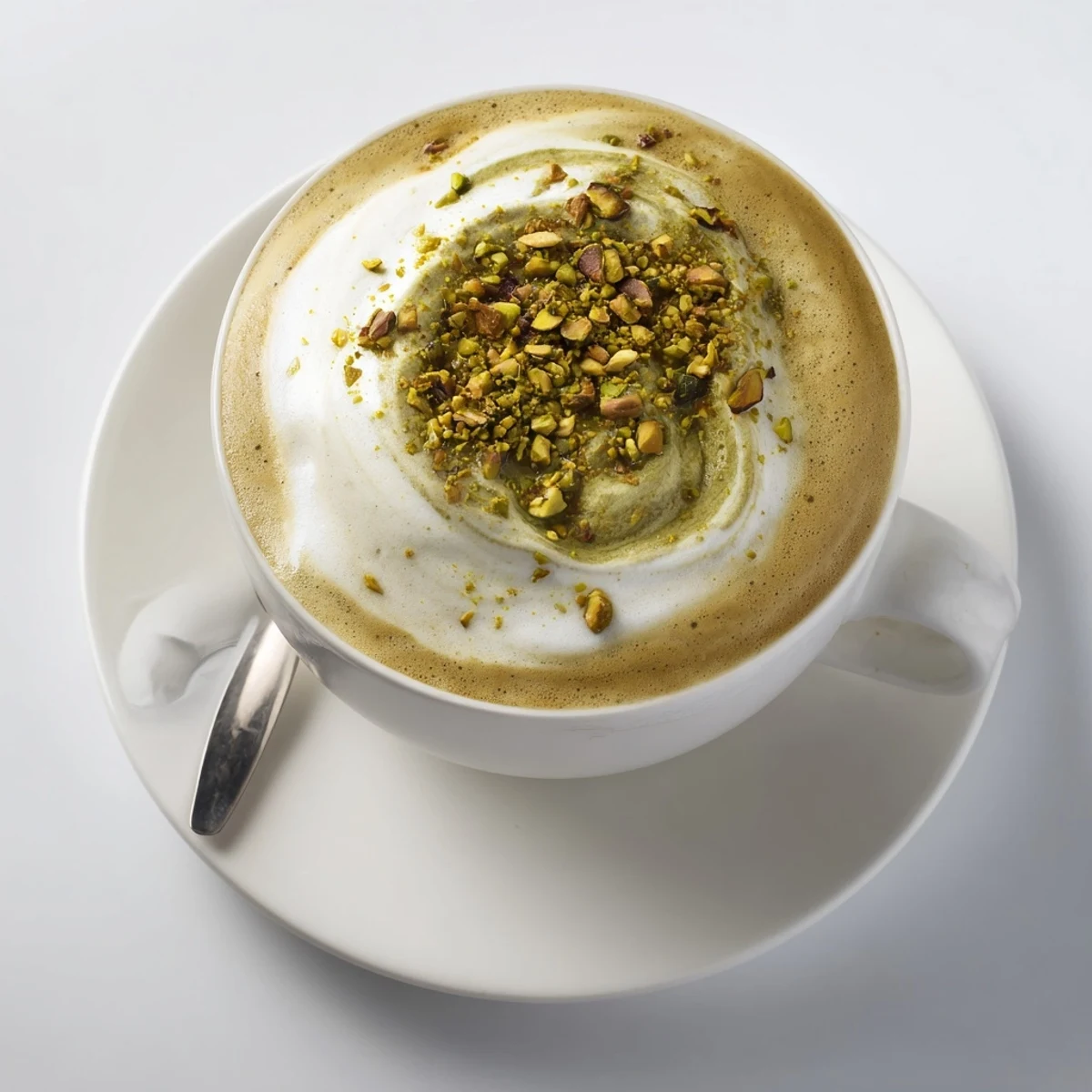 Warm pistachio milk latte, rich espresso, and a sprinkle of crushed pistachios.  