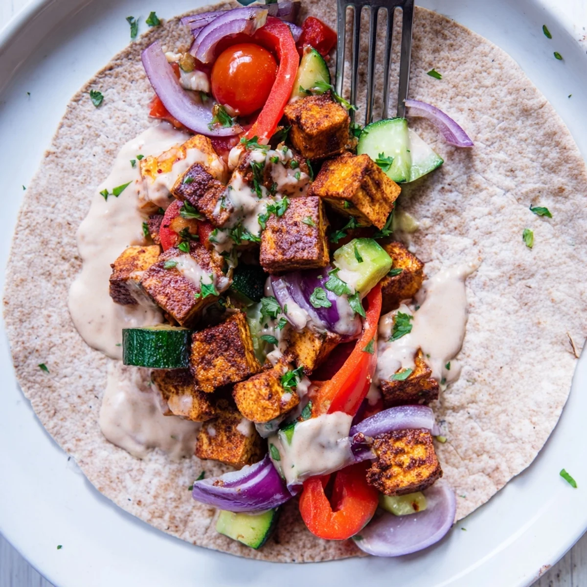 Vibrant vegan viral recipe re-make featuring golden tofu and fresh vegetables.  