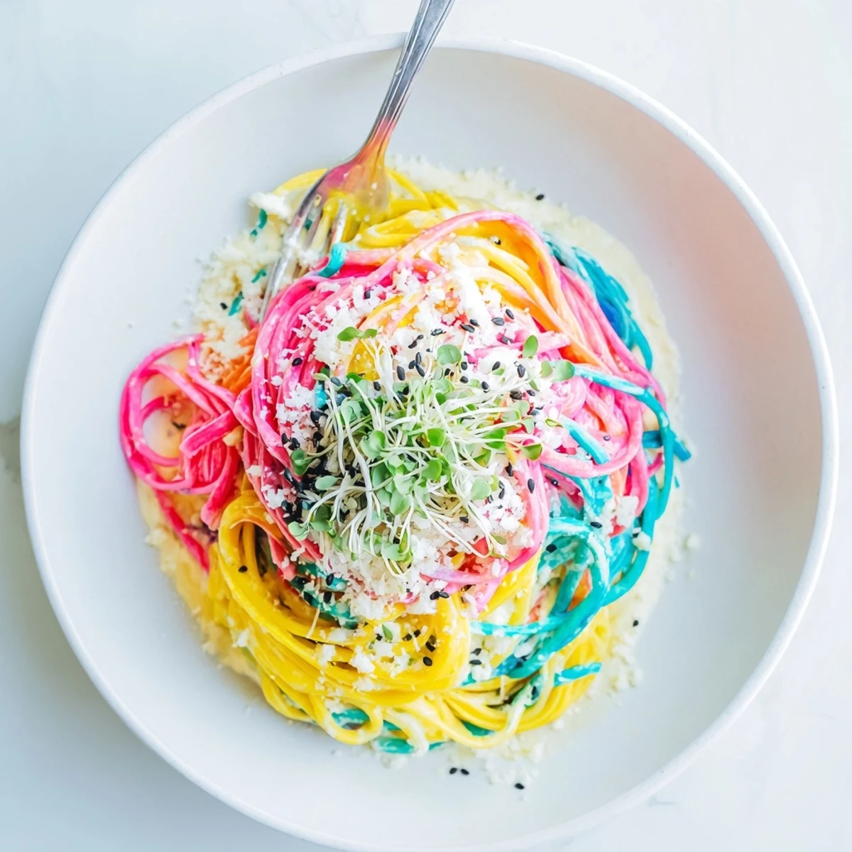 Vibrant Neon Noodle Cloud dish with colorful noodles in creamy sauce, perfect for gatherings.  