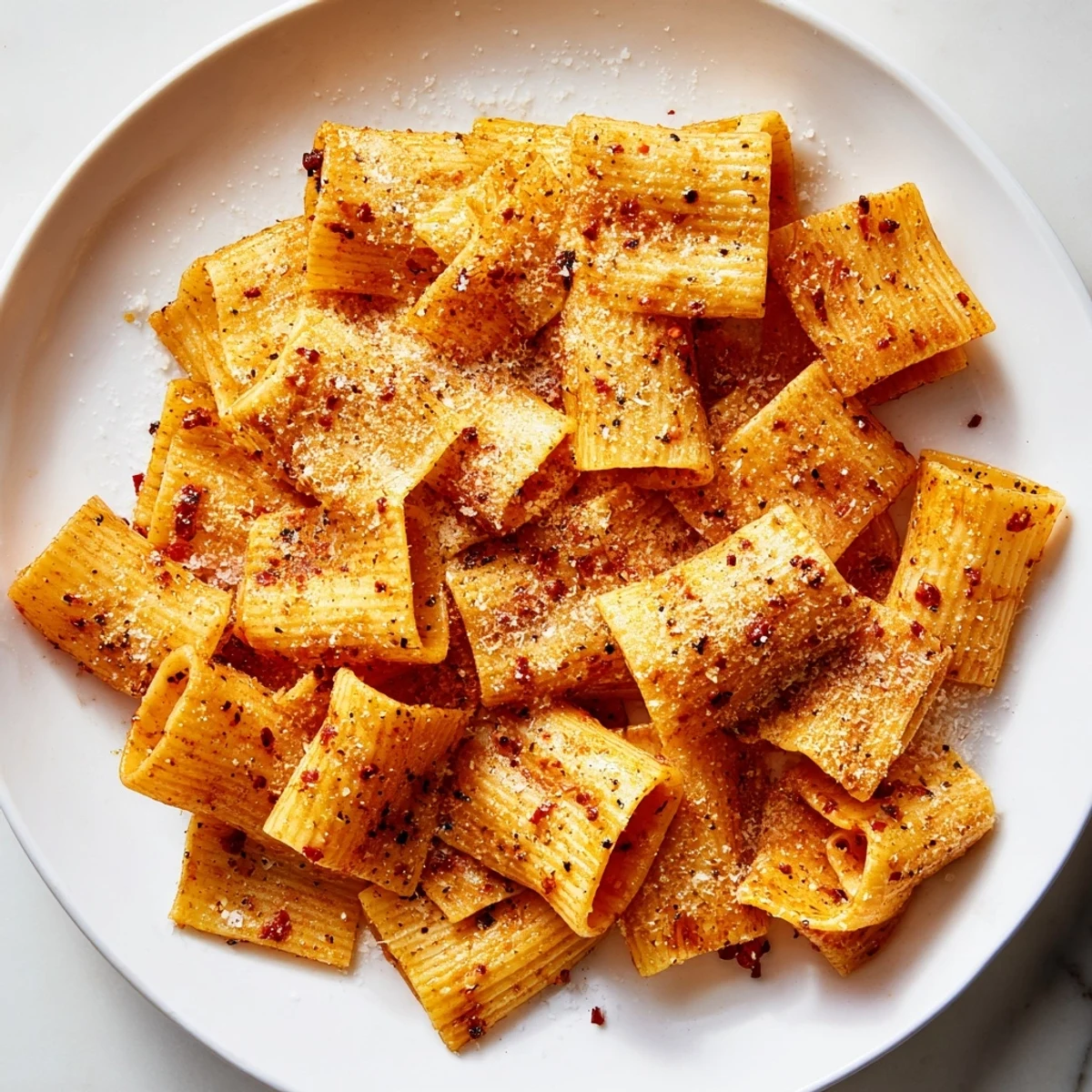 Crispy pasta chips seasoned variety, perfect for enjoying with your favorite dips.  