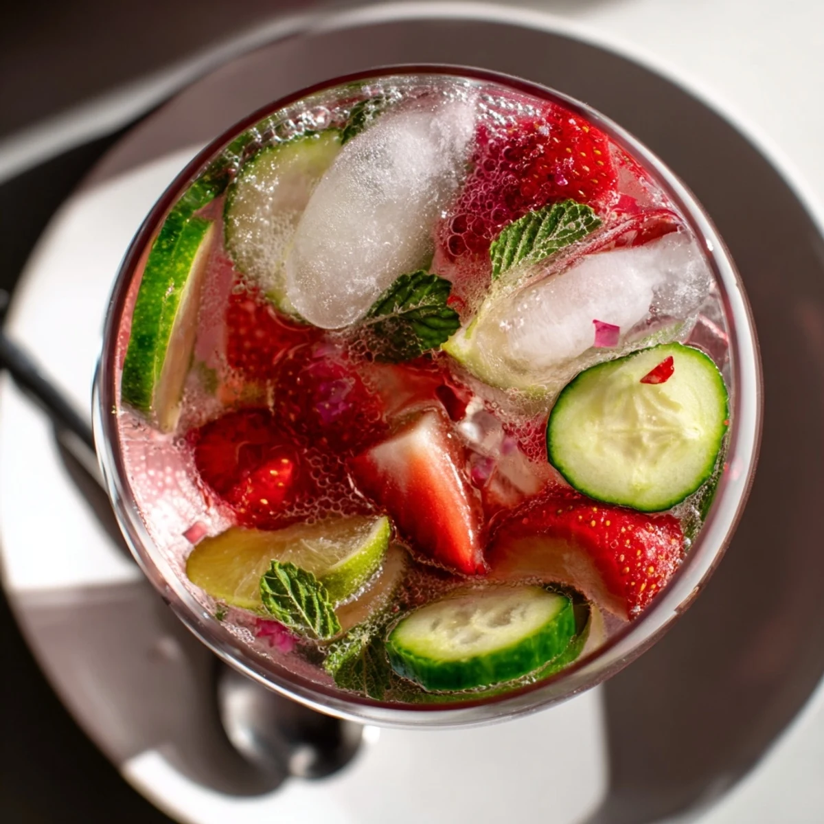 Colorful mocktail recipes featuring sliced strawberries and lemon for a summer sip.  