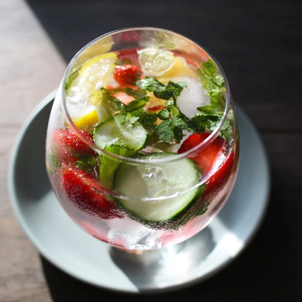 Chilled water-based mocktails with cucumber and herbs for a hydrating experience.