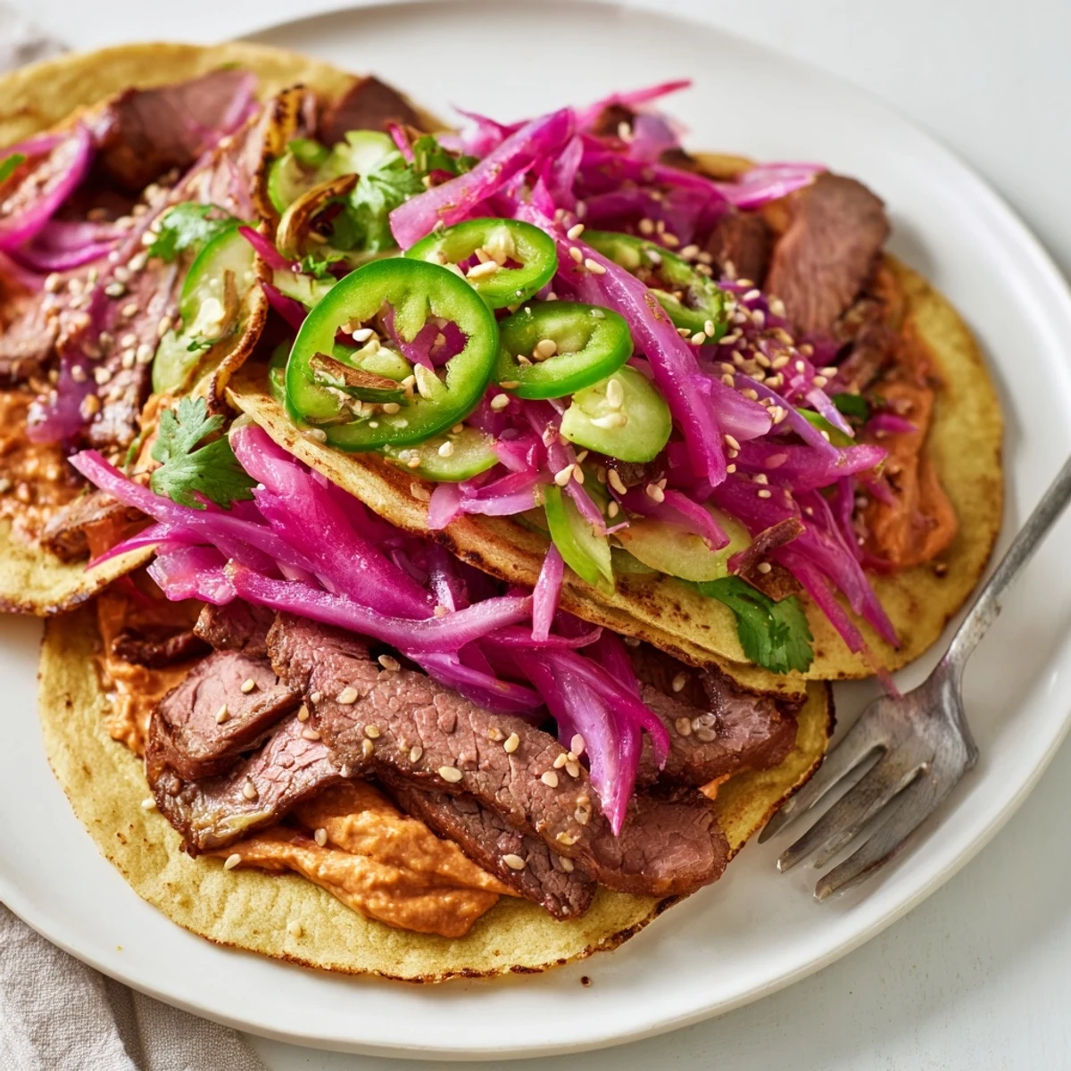 Tasty Korean bulgogi tacos with vibrant ube crema, ideal for serving friends and family.