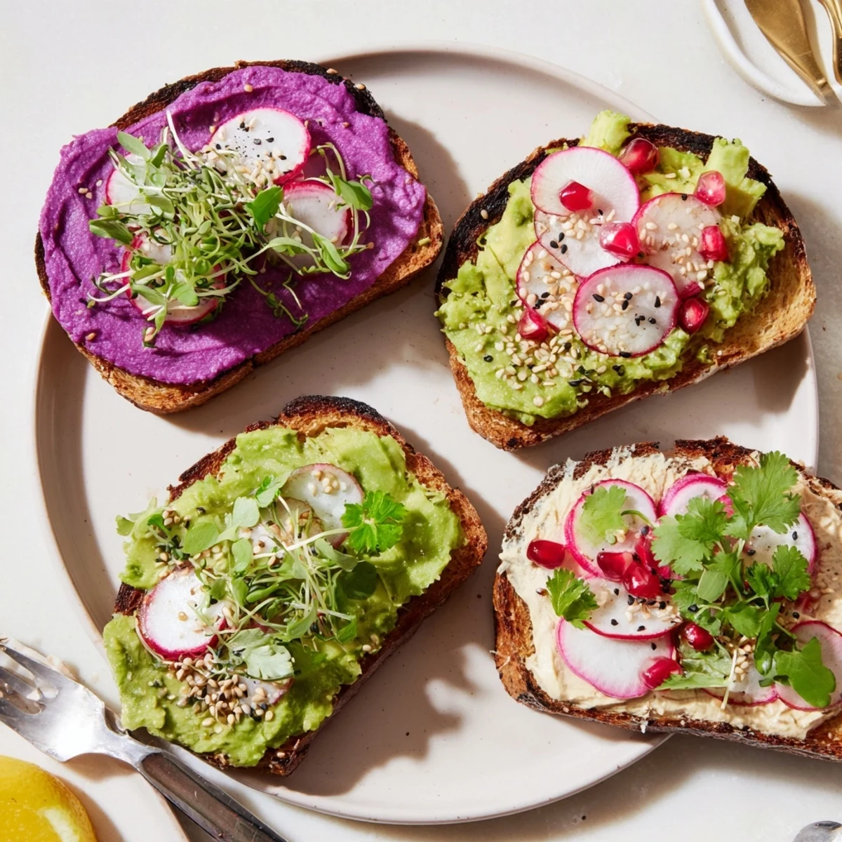 Vibrant Bright & Bold Breakfast Toasts topped with ube spread and fresh herbs.