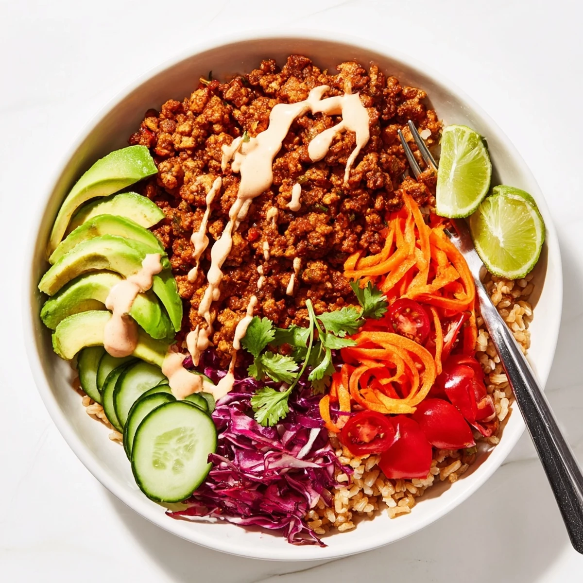 Delicious Plant-Based Meat Bowl drizzled with spicy mayo and lime wedges.  