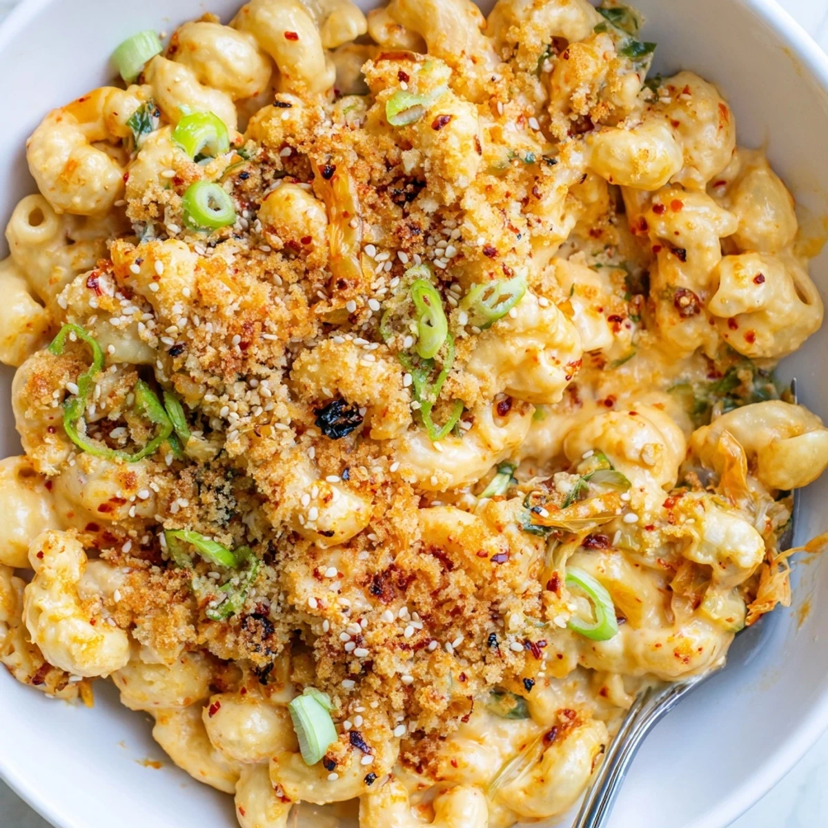 Delicious and bold Spicy Kimchi Mac & Cheese with melty cheeses and vibrant kimchi.