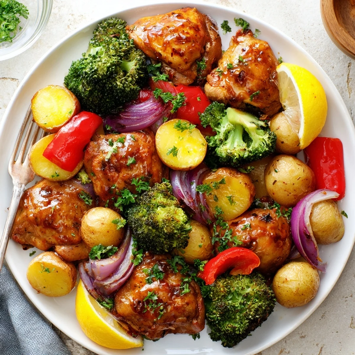 Juicy Lazy Gourmet Chicken & Vegetable One-Pot served with vibrant lemon wedges.  
