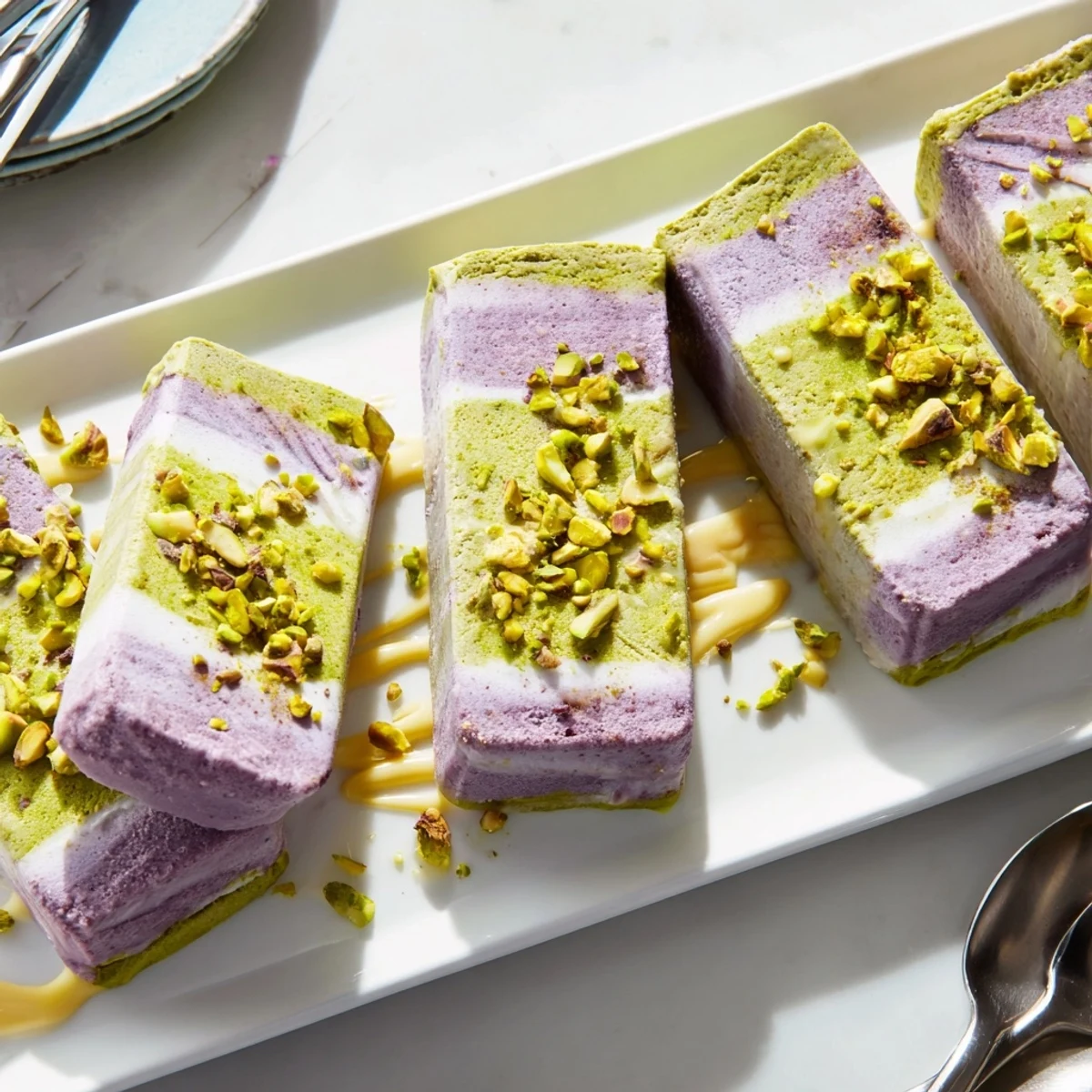 Vibrant layered ube and pistachio ice cream bars, perfect for summer gatherings.  