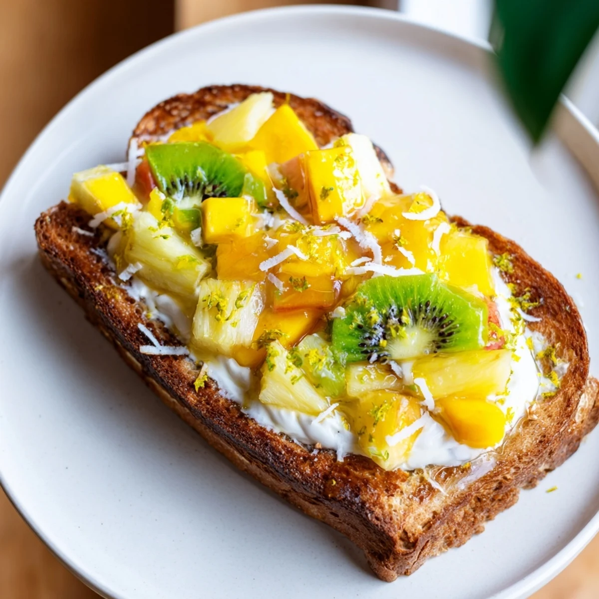 Creamy yogurt-custard toast topped with vibrant tropical fruits for a refreshing breakfast.  