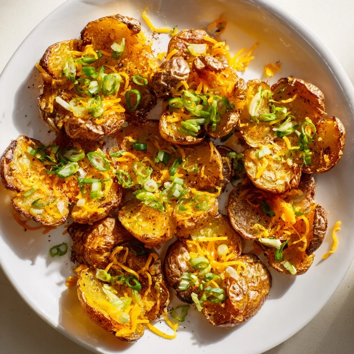 Crispy smashed green onion potato bombs topped with melted cheddar cheese and herbs.  