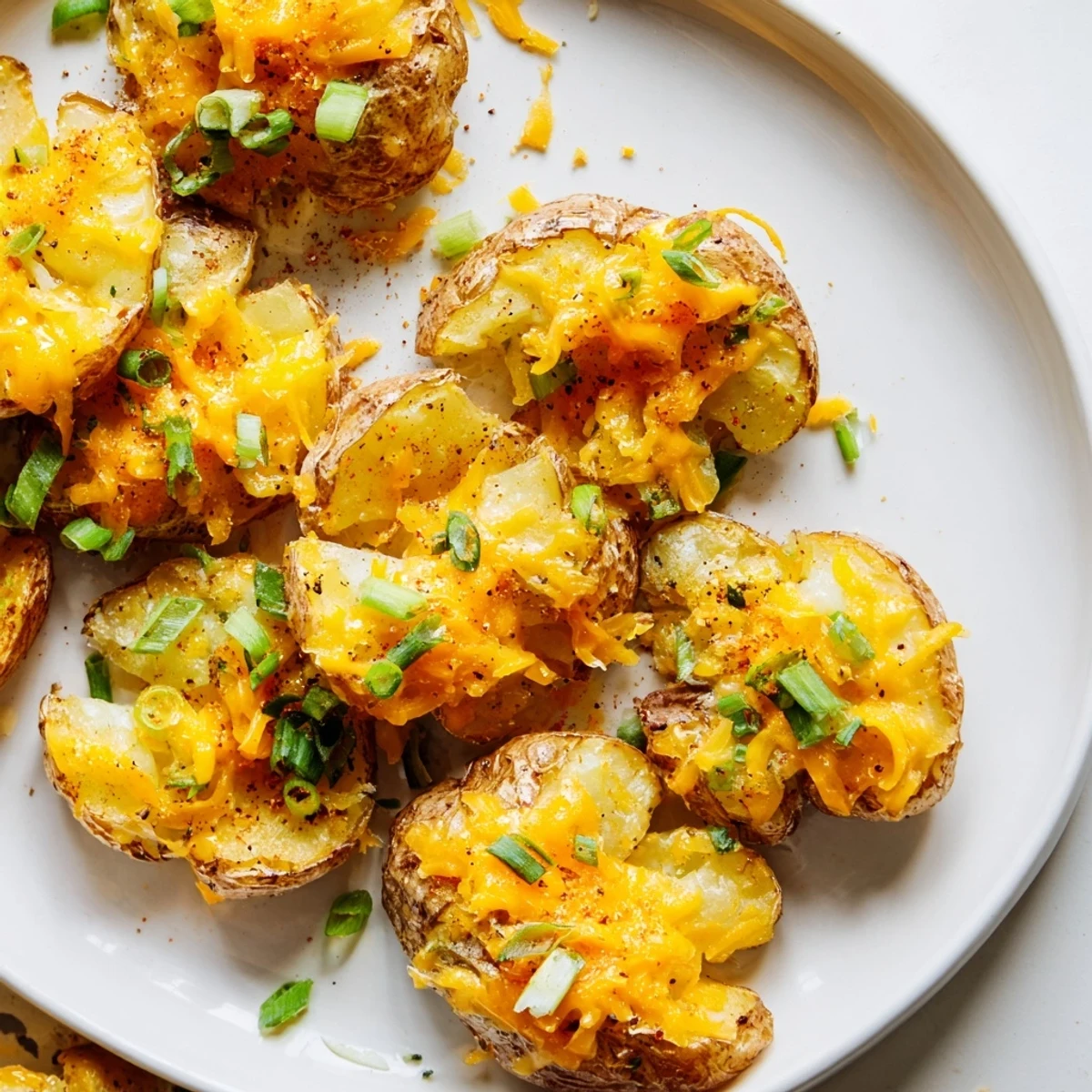 Golden brown smashed green onion potato bombs, perfect for appetizers or side dishes.  