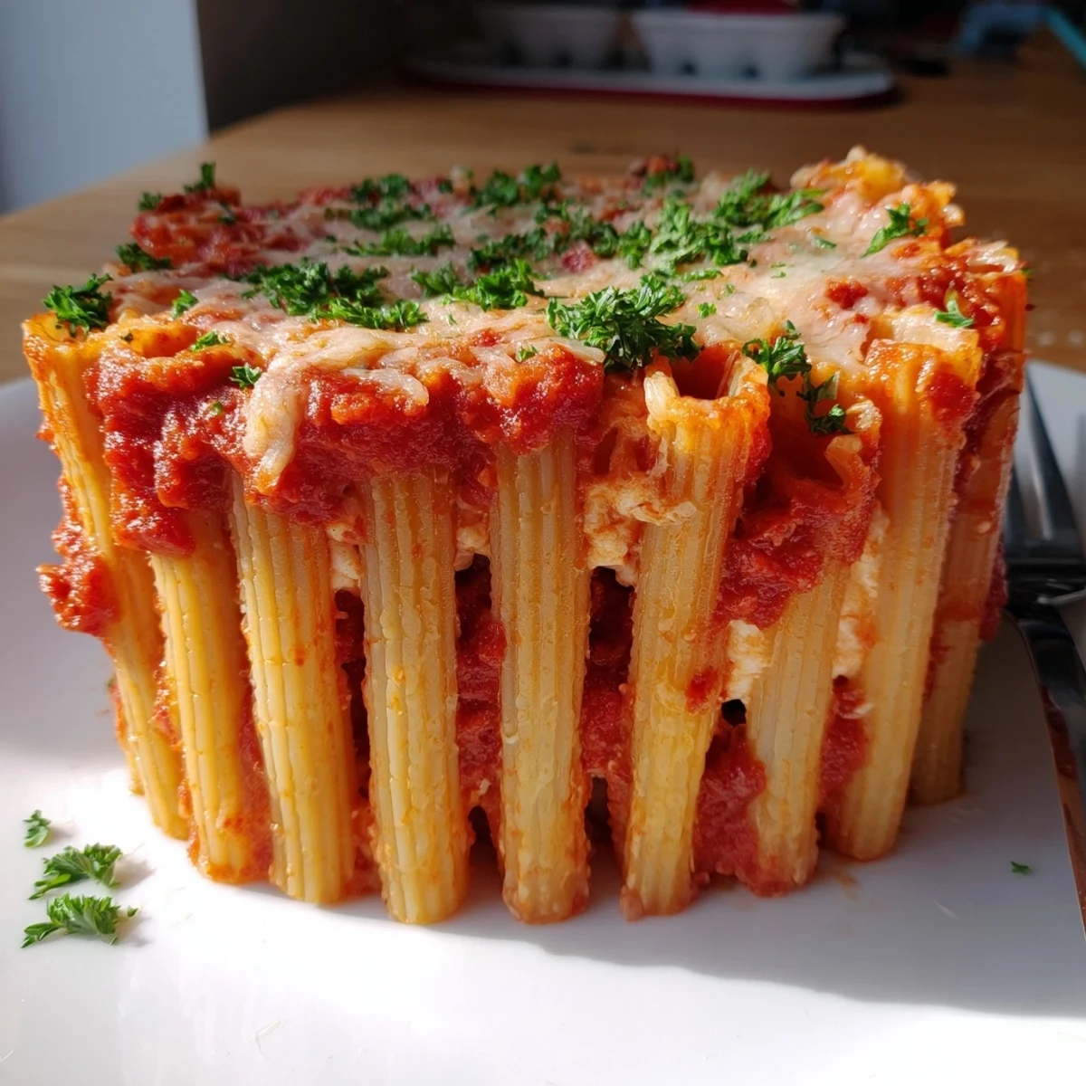 A mouthwatering Honeycomb Pasta Cake with layers of ricotta and tomato goodness.  