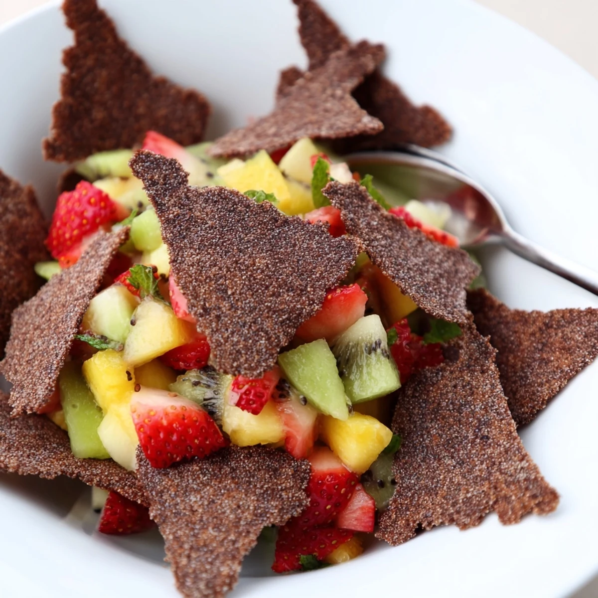 Crispy chocolate tortilla chips with fresh fruit salsa for a sweet dessert delight.  