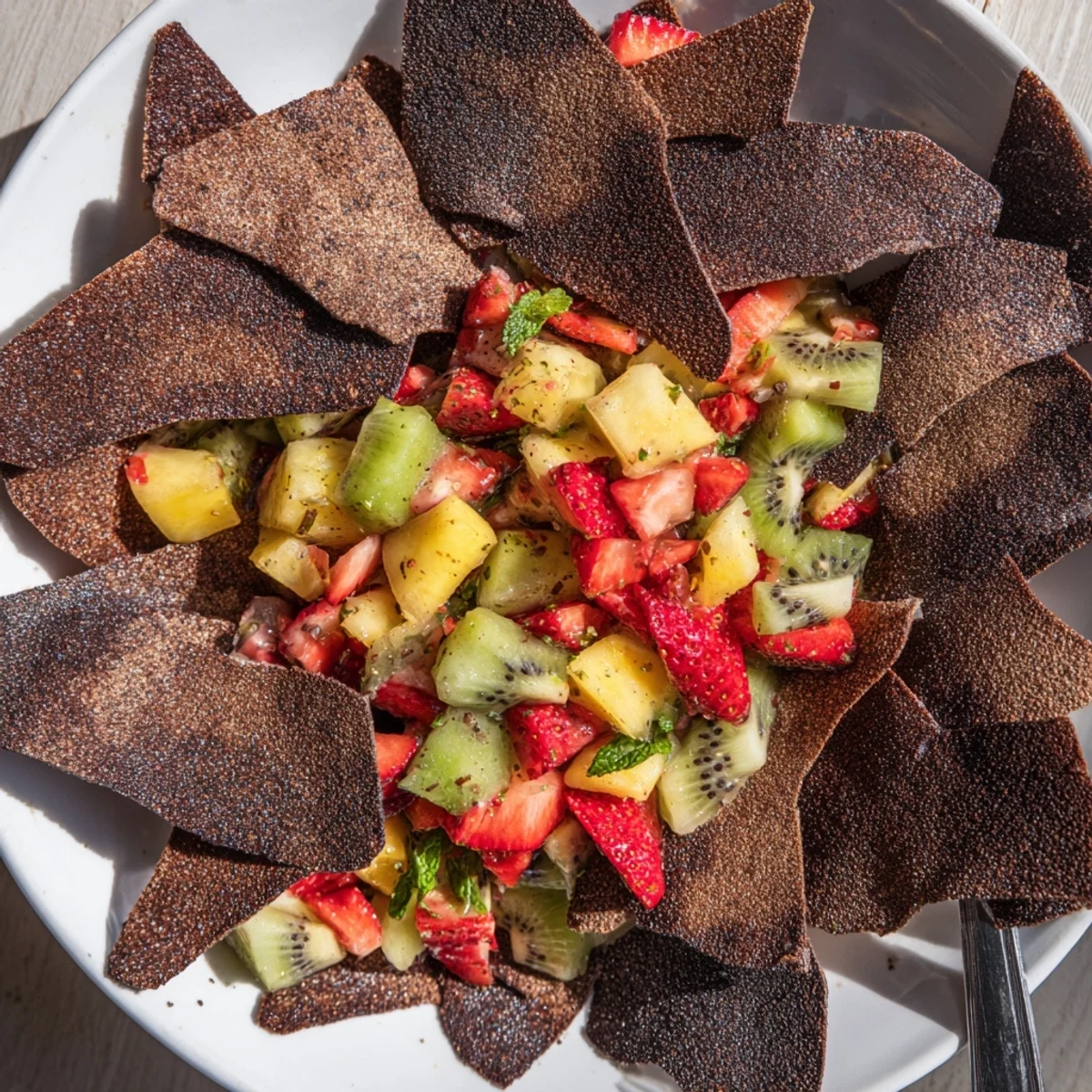 Vibrant fruit salsa served with homemade chocolate chips, perfect for festive gatherings.  