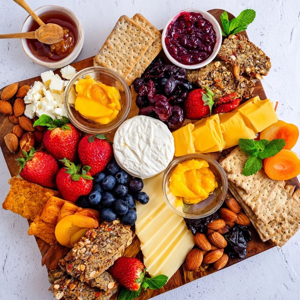 Enticing jam-infused brunch board showcasing vibrant berries and creamy cheeses for sharing.  
