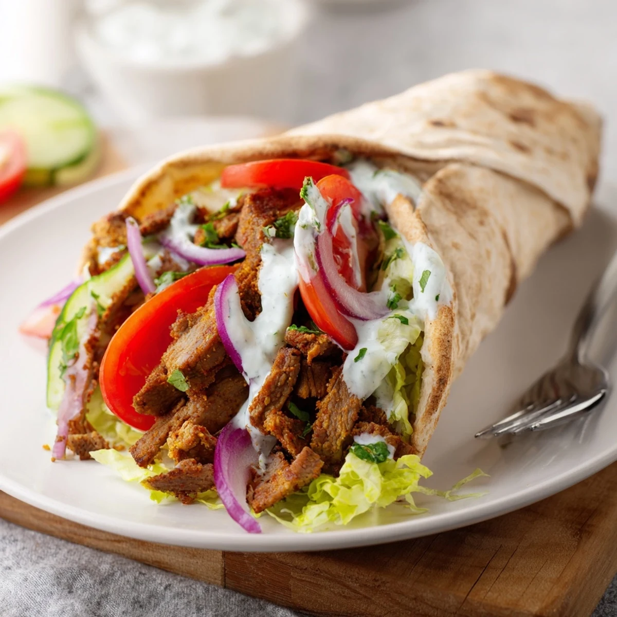 Savory beef shawarma wrapped in soft flatbread, topped with vibrant lettuce and yogurt drizzle.  