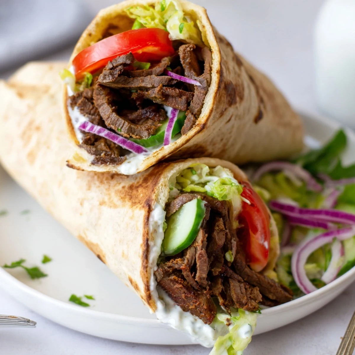 Tender beef shawarma wraps nestled in warm flatbread with fresh veggies and creamy sauce.  