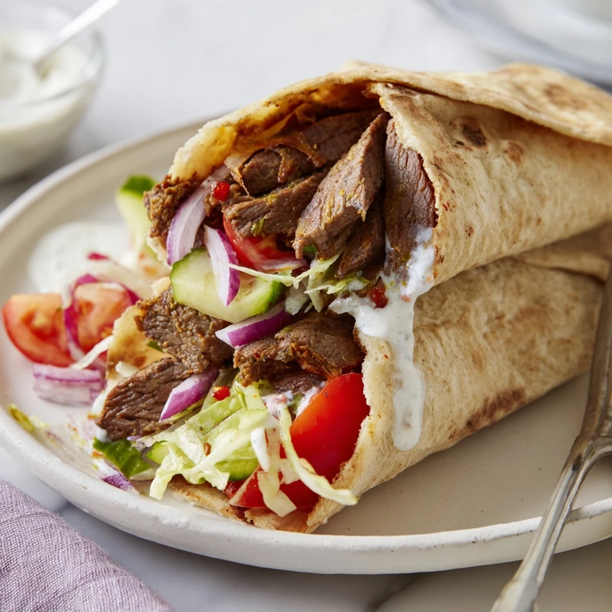 Delicious beef shawarma wraps featuring spiced strips, fresh ingredients, and rich yogurt sauce.